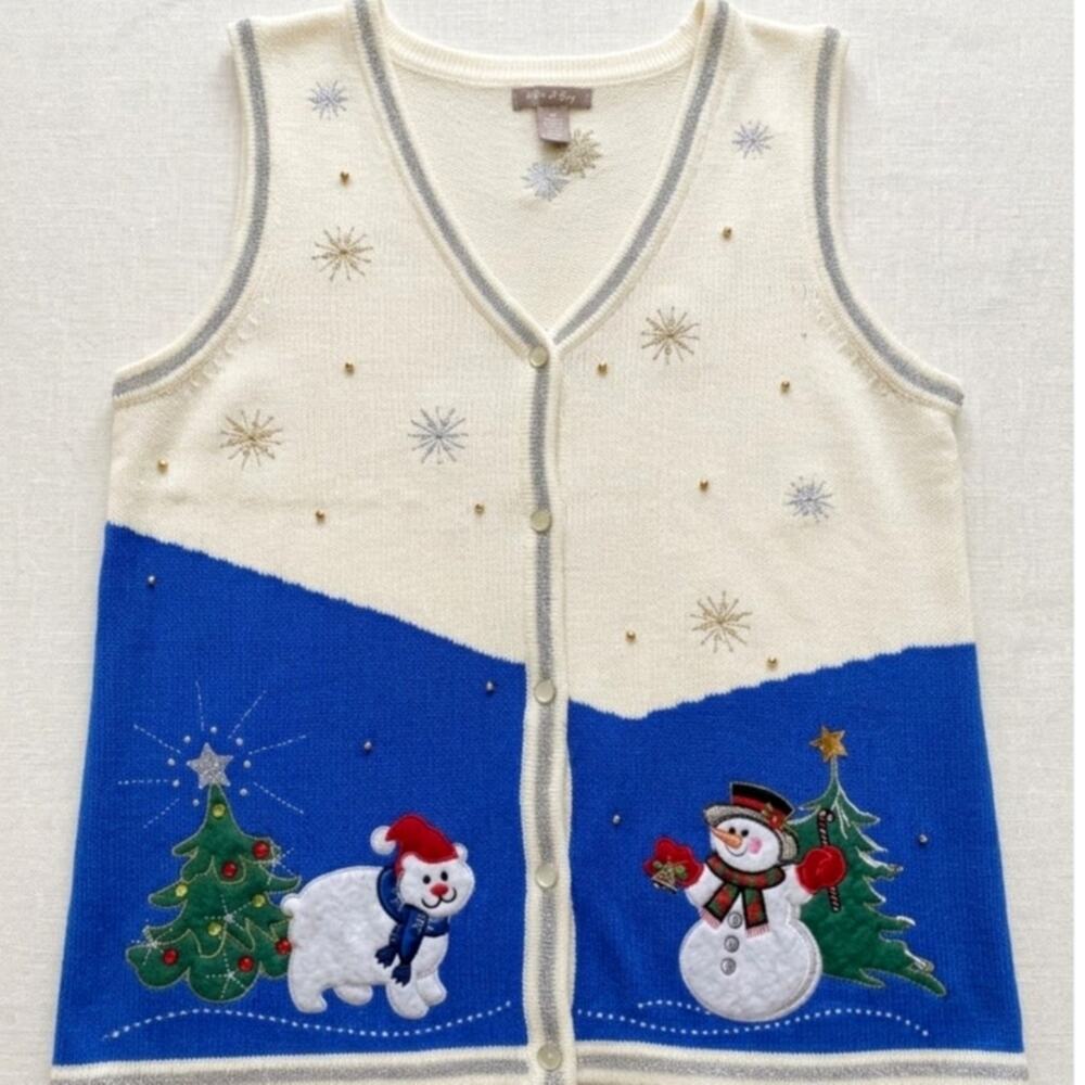 White Stag Snowman & Polar Bear Knit Christmas Sweater Vest Blue Cream
